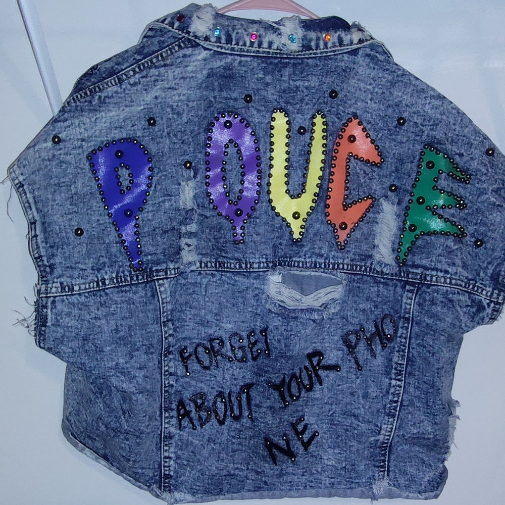 Purple and Yellow Jean Jacket with Colorful Back Design